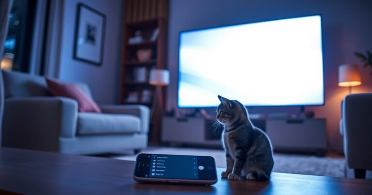 A sleek Vizio Smart TV glowing in a modern living room, surrounded by cozy furniture. A smartphone rests nearby, displaying Bluetooth settings. A curious cat sits in front, gazing at the screen, while a soft ambient light casts a warm glow, inviting viewers to explore the tech connection.