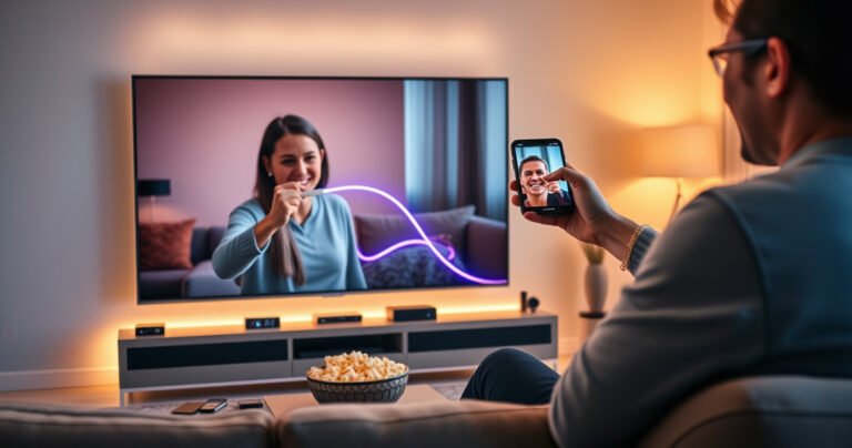 A modern living room with a sleek LG TV displaying a smartphone screen mirrored on it. A person joyfully connecting their phone to the TV using a vibrant, glowing cable. Soft ambient lighting highlights the cozy atmosphere, with a plush sofa, scattered tech gadgets, and a bowl of popcorn, evoking a sense of home entertainment bliss.