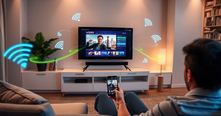A modern living room with a sleek Vizio TV displaying a vibrant phone screen mirroring content. A person sits on a comfortable couch, smartphone in hand, while colorful graphics of Wi-Fi signals and connection symbols swirl around them. Soft, ambient lighting enhances the cozy atmosphere, creating a tech-savvy yet inviting scene.
