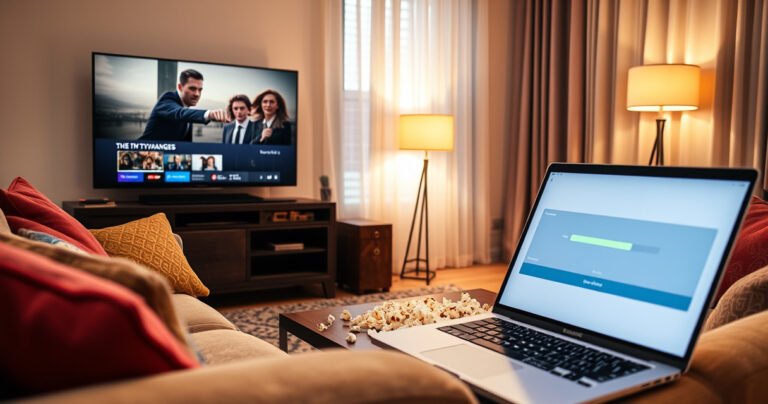 A cozy living room scene featuring a plush sofa with colorful cushions, a large flat-screen TV displaying a popular TV series paused on a cliffhanger, popcorn scattered on a coffee table, a warm glow from a nearby lamp, and a laptop open with a download progress bar visible, inviting viewers to explore the world of streaming.