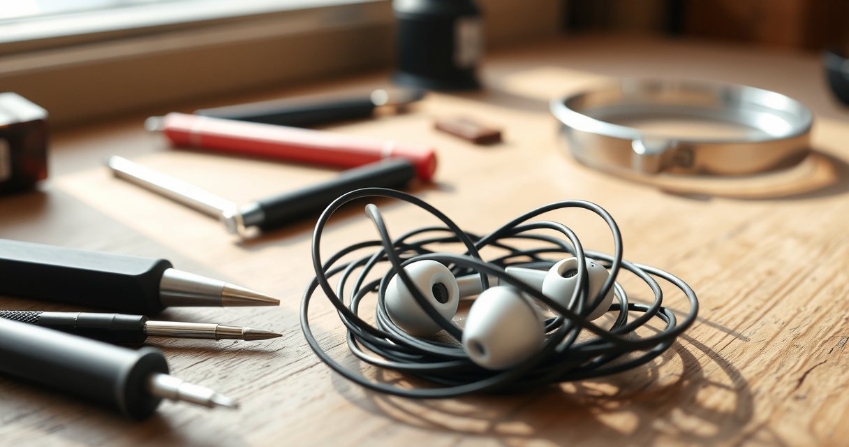 A close-up view of a pair of tangled earbuds resting on a wooden workbench, surrounded by small tools like a screwdriver, tweezers, and a magnifying glass. Soft natural light filters through a nearby window, highlighting the intricate details of the earbuds and hints of colorful wires, evoking a sense of DIY repair and innovation.