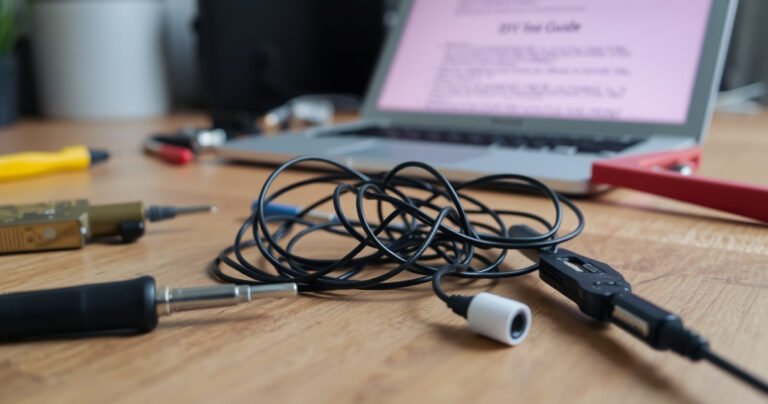 A close-up of a pair of tangled earphones lying on a wooden table, surrounded by small tools like a screwdriver, soldering iron, and wire cutters. In the background, a soft glow from a laptop screen illuminates a troubleshooting guide, creating an inviting DIY atmosphere.