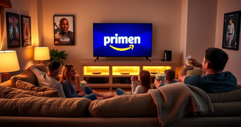 A cozy living room with a sleek smart TV displaying the Amazon Prime logo, surrounded by plush sofas and warm lighting. A family eagerly gathers around, popcorn in hand, as they prepare for a movie night. The walls are adorned with framed movie posters, and a soft throw blanket drapes over the armrest, inviting relaxation.