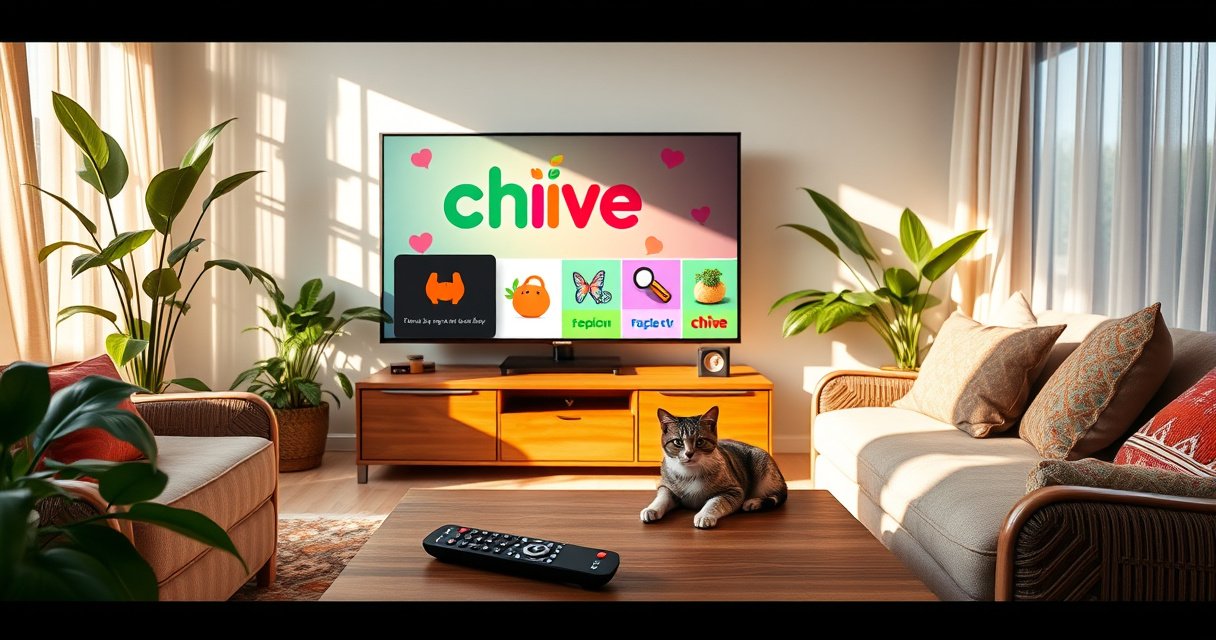 A vibrant living room with a sleek, modern TV displaying colorful chive-themed graphics, surrounded by cozy furniture and lush green plants. Sunlight filters through sheer curtains, casting warm reflections on the walls. A curious cat lounges on the couch, while a stylish remote rests on a wooden coffee table, inviting viewers to explore the world of Chive TV.