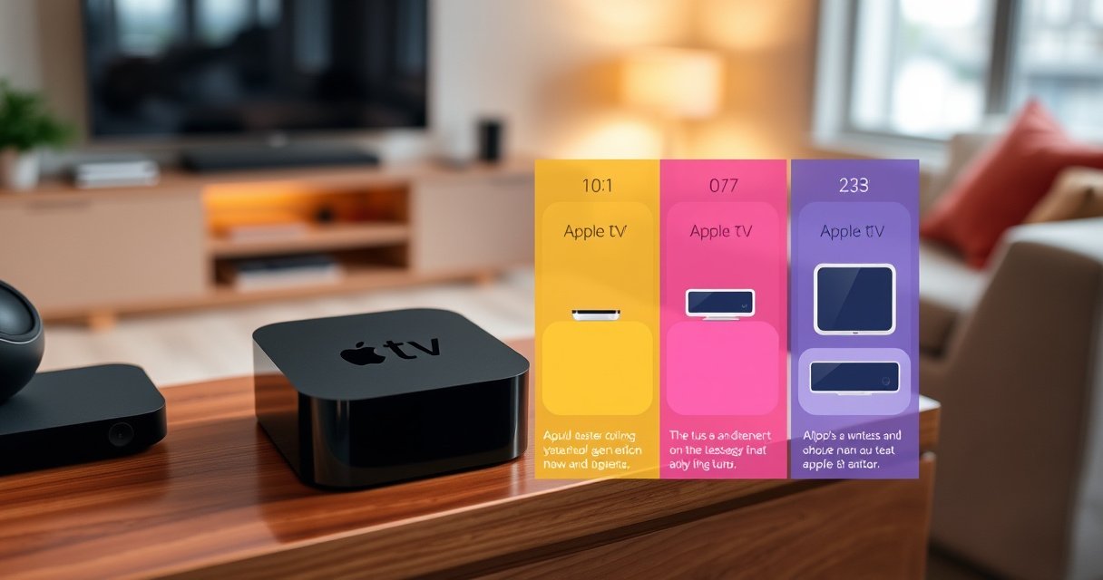 A sleek Apple TV device resting on a polished wooden shelf, surrounded by modern tech gadgets. A colorful infographic overlay showcasing different Apple TV generations with distinct features and designs. Soft ambient lighting highlights the device, while a cozy living room setting in the background adds warmth and invites curiosity about technology evolution.