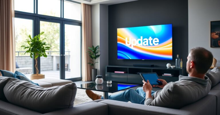 A sleek modern living room featuring a Samsung Smart TV displaying a vibrant update screen, surrounded by cozy furniture, bright natural light streaming through large windows, and a person seated on a plush sofa intently focused on the TV, with a tablet in hand, showcasing a blend of technology and comfort.