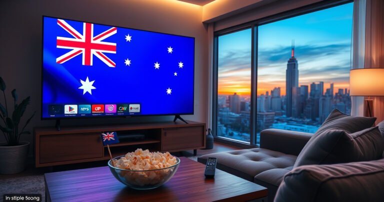 A cozy living room scene with a large screen displaying vibrant Australian TV shows, a bowl of popcorn on a coffee table, and a window showing a sunset over an American city. Include a comfortable sofa, a small Australian flag, and a remote control, evoking the fusion of cultures and the joy of connecting with distant entertainment.