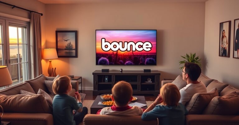 A cozy living room scene with a large flat-screen TV displaying the Bounce TV logo, surrounded by plush sofas and warm lighting. A family is gathered, eagerly watching a lively show, snacks on the coffee table, and a window showing a sunset outside, creating a welcoming atmosphere for entertainment and family bonding.