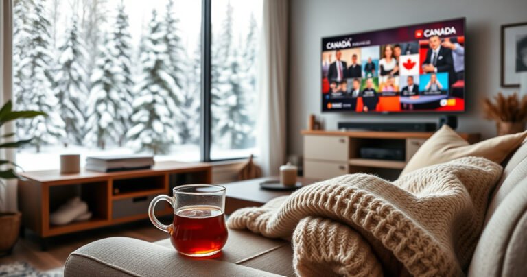 A cozy living room with a large TV displaying popular Canadian shows, a warm cup of maple syrup-infused coffee on the table, a window revealing snowy Canadian pines outside, and a soft, inviting blanket draped over a comfortable couch, creating an atmosphere of relaxation and cultural connection.