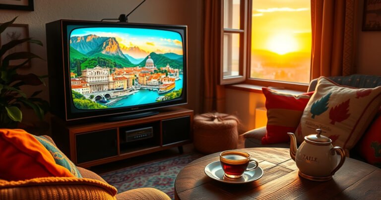 A cozy living room scene with a vintage television set displaying vibrant Italian landscapes and iconic cities like Venice and Rome. A soft, inviting sofa adorned with colorful pillows, a steaming cup of espresso on a rustic wooden table, and a window revealing a sunset glow, creating an atmosphere of warmth and cultural connection.