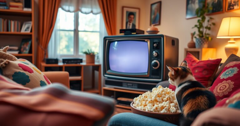 A cozy living room featuring a vintage non-smart TV, surrounded by colorful throw pillows and a steaming bowl of popcorn. A vibrant, inviting atmosphere with warm lighting, a small streaming device on a wooden shelf, and a curious cat peering curiously at the TV screen, hinting at the joy of streaming movies together.