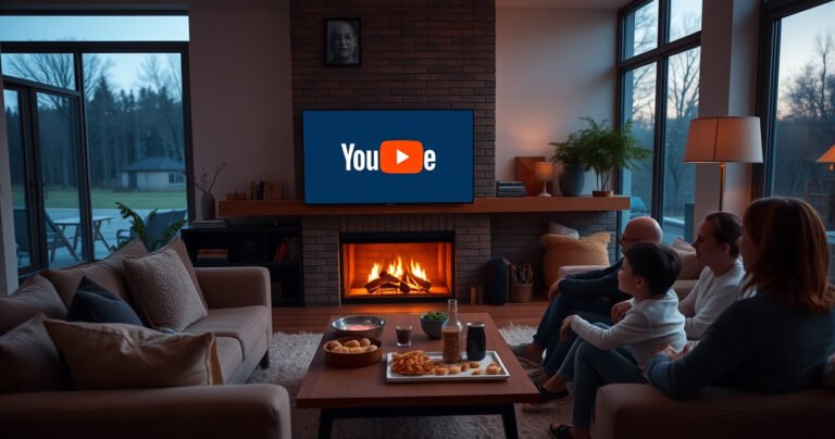 A cozy living room with a modern smart TV displaying the YouTube logo, surrounded by a plush sofa, a warm glow from a fireplace, snacks on a coffee table, and a family happily gathered around, engaging with the screen, soft evening light filtering through large windows, creating an inviting atmosphere for streaming content.