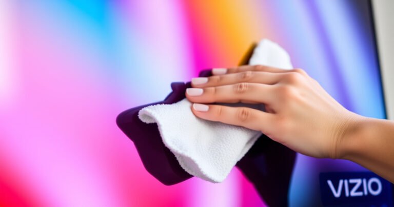 A close-up of a pristine Vizio Smart TV screen reflecting vibrant colors, with a soft, fluffy microfiber cloth gently wiping the surface, surrounded by tiny droplets of a gentle cleaning solution. The background is softly blurred, highlighting the shine and clarity of the screen, evoking a sense of cleanliness and care.