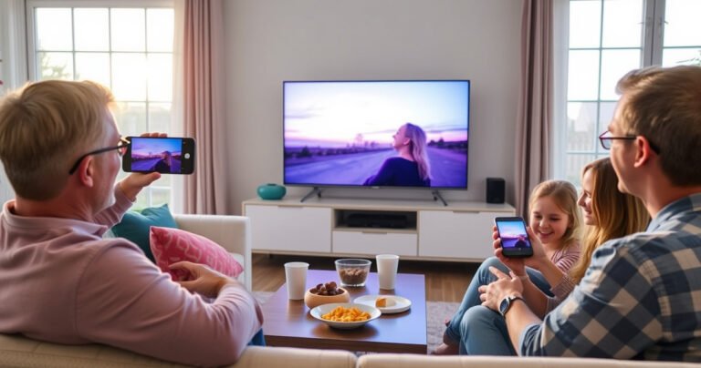 A cozy living room with a modern smart TV displaying a vibrant screen mirroring a smartphone. Soft evening light filters through large windows, illuminating a comfortable couch piled with colorful pillows. A coffee table holds snacks and drinks, while a family happily gathers around, engaging with both devices, showcasing a seamless connection between technology and home life.