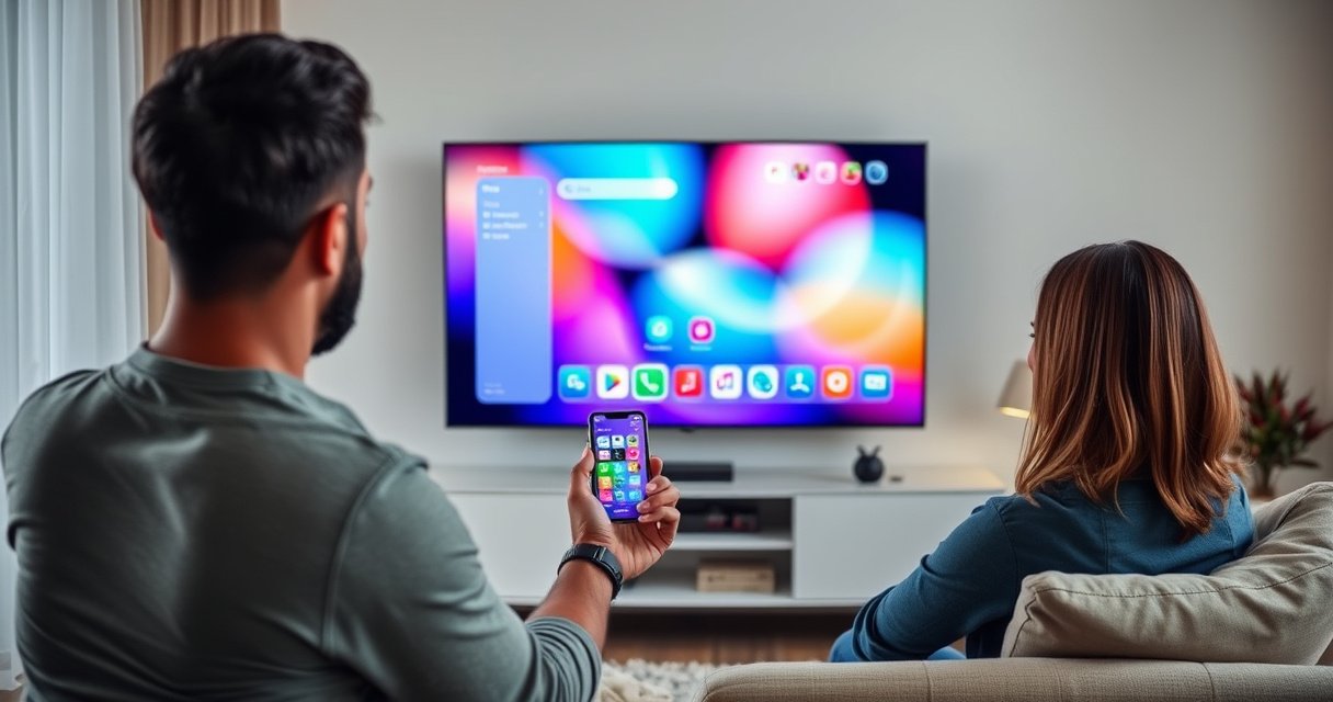 A sleek modern living room featuring a large smart TV displaying a vibrant phone screen mirroring interface. A person happily connecting their smartphone to the TV, colorful app icons glowing. Soft ambient lighting enhances the cozy atmosphere, with a stylish couch and decorative plants in the background, creating a welcoming and tech-savvy environment.