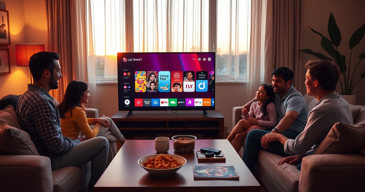 A cozy living room featuring a sleek LG Smart TV displaying vibrant app icons, a family gathered around the couch, expressions of curiosity and excitement, soft ambient lighting, a coffee table with snacks, and a window showing a sunset outside, creating a warm, inviting atmosphere perfect for exploring technology.
