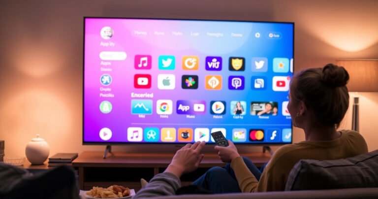 A cozy living room with a sleek smart TV displaying a colorful app store interface, a person joyfully navigating through vibrant app icons using a remote, surrounded by snacks and a warm glow from a nearby lamp, emphasizing a modern, tech-savvy lifestyle.