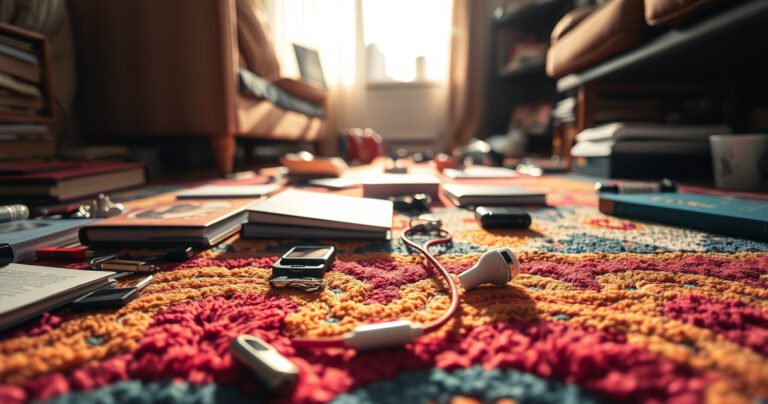 A close-up of a vibrant, cluttered living room floor scattered with everyday items like books, keys, and a colorful rug, highlighting a single shiny earbud peeking out from beneath a couch. Sunlight streams through a nearby window, casting playful shadows and illuminating the earbud, creating a sense of discovery and urgency.