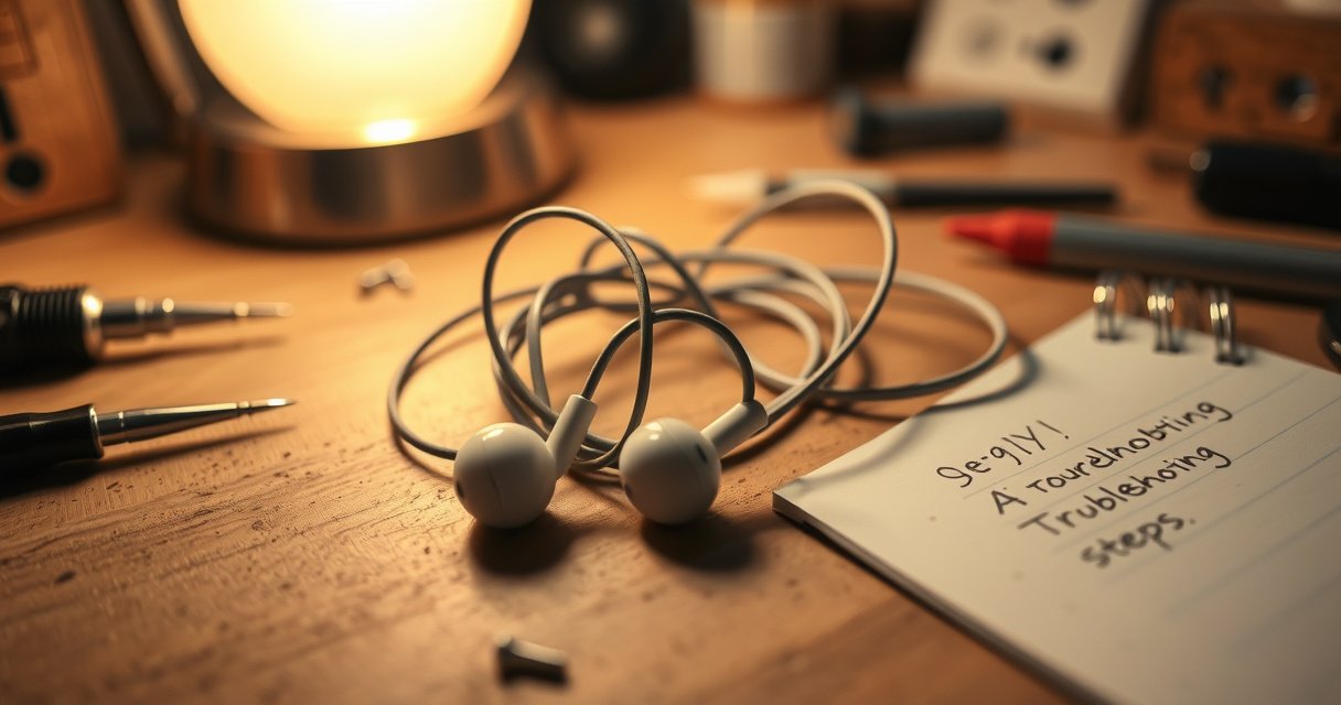 A close-up of a pair of tangled earbuds lying on a wooden workbench, surrounded by small tools like a screwdriver and tweezers, with a soft glow from a warm desk lamp illuminating the scene, and a notepad with handwritten troubleshooting steps nearby, evoking a sense of DIY repair and problem-solving.