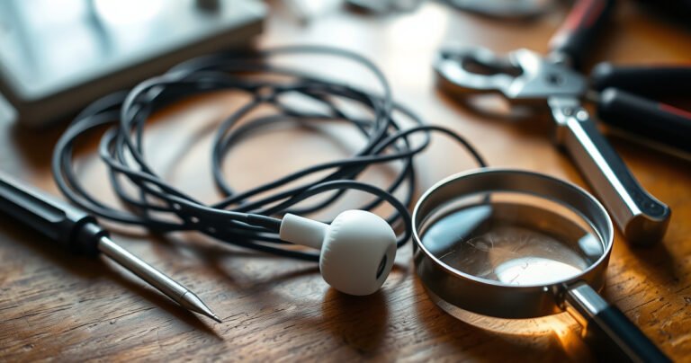 A close-up of a pair of tangled earphones on a wooden table, surrounded by small tools like a screwdriver and wire cutters. A magnifying glass rests nearby, focusing on a frayed wire. Soft natural light filters in, illuminating the scene with a warm glow, emphasizing the textures of the materials and the complexity of repair.