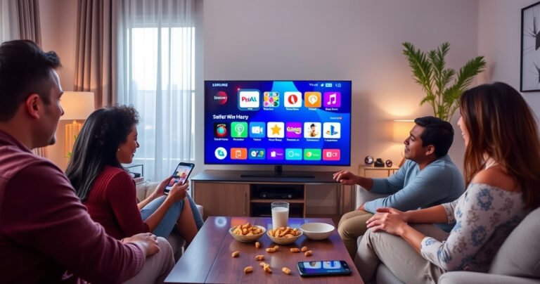 A cozy living room featuring a sleek Samsung Smart TV displaying a colorful app store interface. A family of diverse individuals, happily browsing apps together, with snacks scattered on a coffee table. Soft ambient lighting, a plush sofa, and modern decor create an inviting atmosphere, highlighting the joy of discovering new entertainment options.