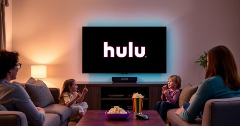 A sleek Samsung Smart TV displaying the vibrant Hulu logo on a cozy living room wall, surrounded by plush furniture and soft ambient lighting. A family joyfully gathers around, popcorn in hand, with a hint of a streaming device on the coffee table, embodying the warmth of togetherness and entertainment at home.