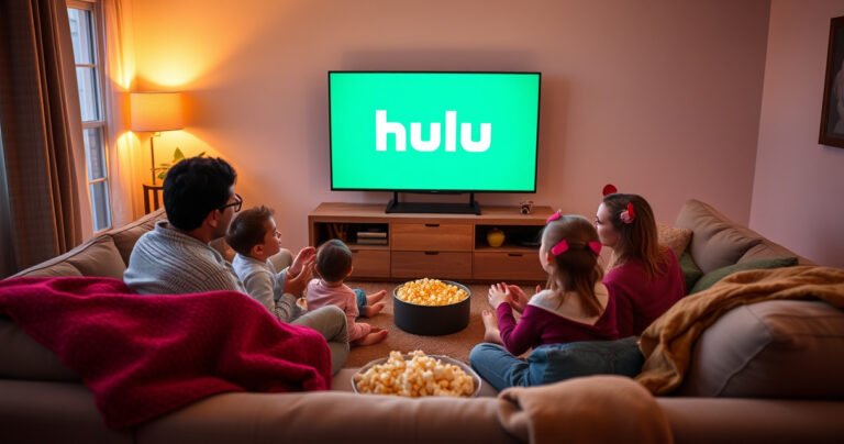 A cozy living room scene featuring a sleek smart TV displaying the vibrant Hulu logo, surrounded by plush sofas and a warm, inviting ambiance. A family excitedly gathers popcorn and snacks, with colorful blankets draped over the furniture. Soft, ambient lighting enhances the atmosphere, highlighting a sense of connection and entertainment in the home.