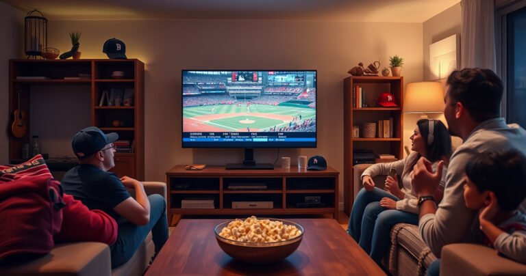 A cozy living room scene featuring a modern smart TV displaying an MLB game, surrounded by baseball memorabilia like caps and gloves, a bowl of popcorn on the coffee table, soft ambient lighting, and a family excitedly watching together, showcasing the joy of sports viewing at home.