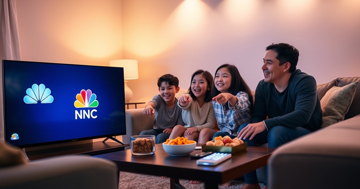 A cozy living room scene featuring a sleek smart TV displaying the NBC logo, surrounded by a comfortable sofa, snacks on a coffee table, and soft ambient lighting. A family of four, excitedly gathered, pointing at the screen while a glowing remote control lies nearby, capturing the essence of modern family entertainment and technology.