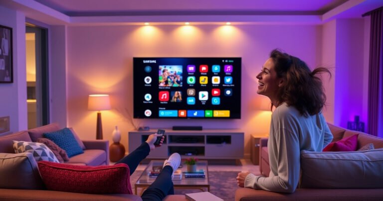 A sleek living room featuring a modern Samsung TV displaying the Smart Hub interface, surrounded by cozy furniture, warm lighting, and vibrant decor. A person is joyfully interacting with the TV remote, with colorful app icons glowing on the screen, reflecting a blend of technology and comfort in an inviting home environment.