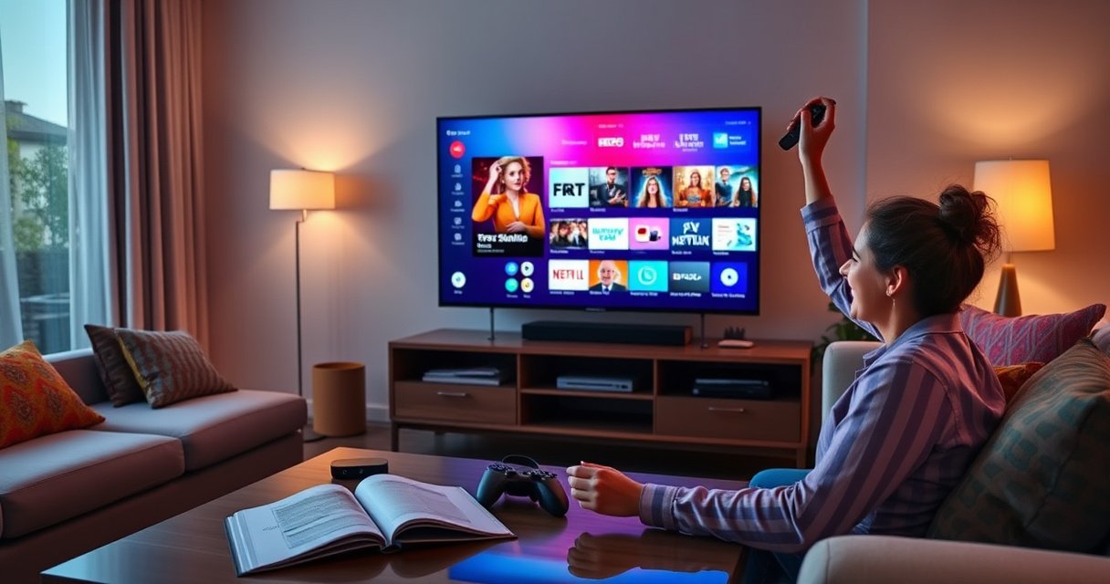 A modern living room featuring a sleek smart TV on a stylish stand, vibrant graphics on the screen showcasing streaming options, cozy couch with colorful cushions, ambient lighting casting a warm glow, a person joyfully interacting with a remote control, surrounded by tech gadgets, with a user-friendly setup guide open on a coffee table.