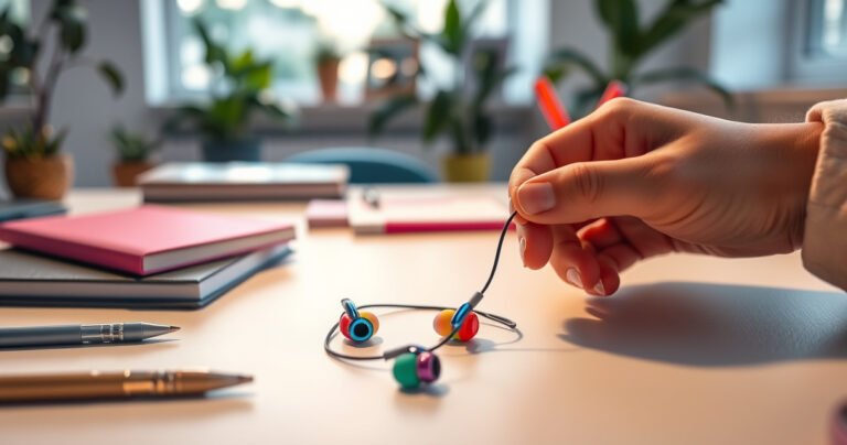 A vibrant close-up of colorful, stylish earbuds resting on a sleek, modern desk, surrounded by various creative accessories like notebooks and pens. A hand is gently demonstrating a simple yet effective earbud adjustment method, with a soft-focus background of a cozy workspace filled with greenery and warm lighting, evoking an atmosphere of productivity and innovation.