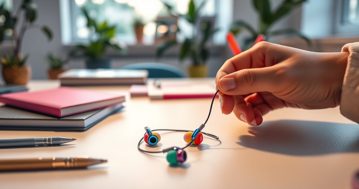 A vibrant close-up of colorful, stylish earbuds resting on a sleek, modern desk, surrounded by various creative accessories like notebooks and pens. A hand is gently demonstrating a simple yet effective earbud adjustment method, with a soft-focus background of a cozy workspace filled with greenery and warm lighting, evoking an atmosphere of productivity and innovation.