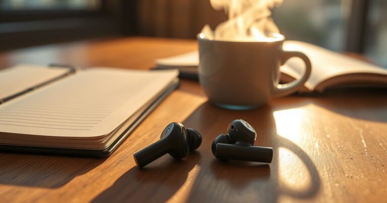 A close-up of sleek, modern earbuds resting on a wooden table, glowing softly with a blue charging light, surrounded by a cozy setting of a steaming cup of coffee and an open notebook, bathed in warm afternoon sunlight filtering through a nearby window, evoking a sense of tech-savvy relaxation and productivity.
