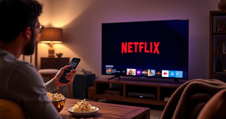 A cozy living room with a modern Samsung Smart TV displaying the Netflix logo, a user holding a remote with a puzzled expression, soft ambient lighting, a bowl of popcorn on a wooden coffee table, and a blanket draped over the sofa, all set against a backdrop of warm, inviting decor.
