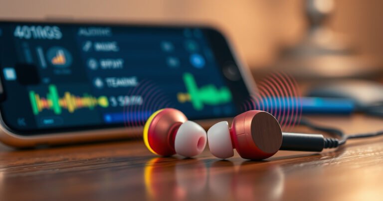 A close-up of vibrant, sleek earbuds resting on a wooden desk, surrounded by colorful sound waves visually emanating from them. The background features a blurred smartphone screen displaying audio settings, with a subtle glow highlighting the earbuds. Soft ambient lighting creates a warm, inviting atmosphere, suggesting a focus on maximizing sound quality and user experience.
