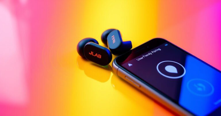 A close-up of sleek JLab earbuds resting on a colorful, vibrant background, surrounded by sound waves visually emanating from them. Nearby, a smartphone displays a user-friendly pairing interface with bright icons. Soft, ambient lighting highlights the earbuds' glossy finish, creating an inviting tech-savvy atmosphere that suggests ease and modernity.
