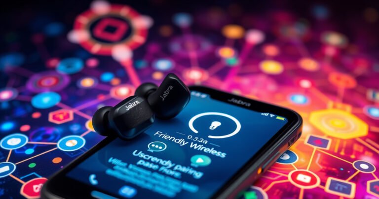 A close-up of a pair of sleek Jabra earbuds resting on a vibrant, tech-themed background filled with glowing connection symbols and wireless signals, surrounded by a smartphone displaying a user-friendly pairing interface, with colorful sound waves radiating outwards, conveying a sense of innovation and easy connectivity.