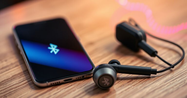 A vibrant, close-up scene of a sleek smartphone displaying a glowing Bluetooth connection icon, alongside a pair of stylish Skullcandy earbuds resting on a wooden table. The background is softly blurred with hints of colorful sound waves, creating a dynamic and engaging atmosphere that illustrates modern technology and connectivity.