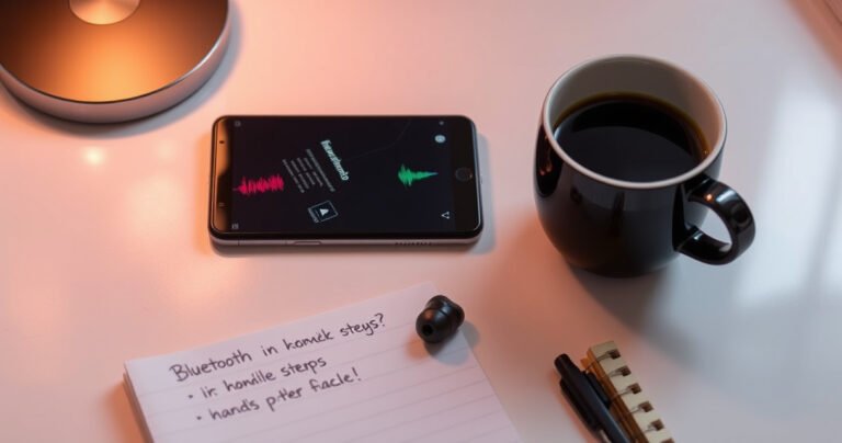 A sleek pair of Soundcore earbuds resting on a clean, minimalist desk surrounded by soft, ambient lighting. A smartphone displays the Bluetooth settings screen, with colorful soundwaves emanating from the earbuds. Nearby, a cozy cup of coffee and a notepad with handwritten pairing steps create a warm, inviting atmosphere.