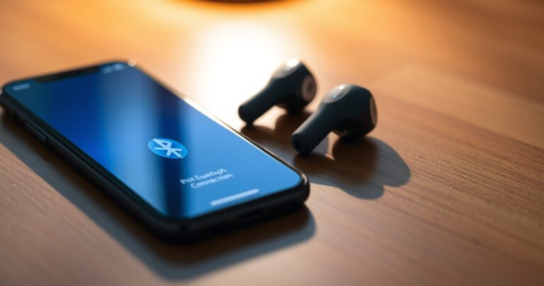 A close-up of sleek, modern earbuds resting on a wooden table, surrounded by soft, ambient light. One earbud glows softly, indicating pairing mode, while a smartphone displays a vibrant Bluetooth connection screen nearby. Delicate shadows play across the surface, evoking a sense of technology and ease in everyday life.