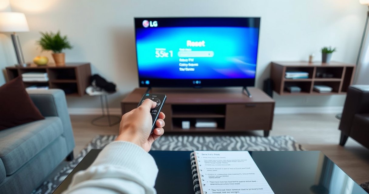 A sleek, modern living room featuring an LG Smart TV displaying a vibrant reset menu, surrounded by cozy furnishings. Soft lighting highlights a pair of hands carefully navigating the remote, while a notepad with step-by-step instructions rests on a coffee table. The ambiance conveys a sense of ease and clarity, inviting viewers to explore the guide.