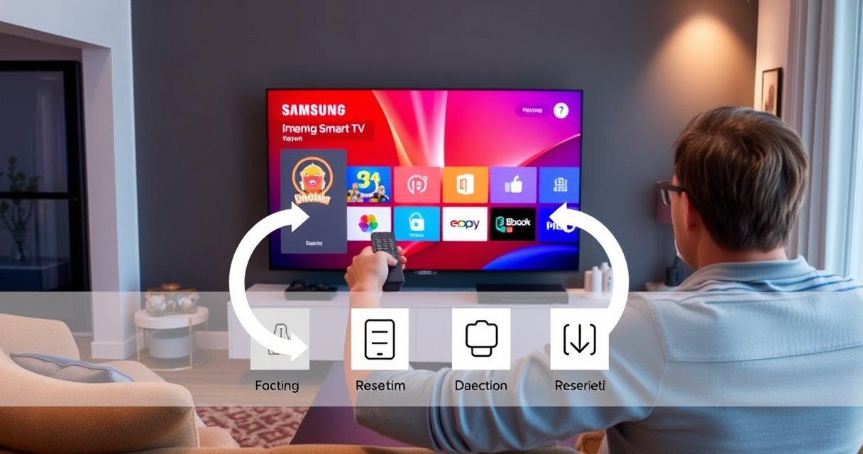 A sleek, modern living room featuring a large Samsung Smart TV displaying a vibrant, user-friendly interface. A person, mid-action, holding a remote with a focused expression, surrounded by cozy furniture, soft lighting, and a hint of tech gadgets. A subtle overlay of reset icons and arrows suggests a straightforward process amidst the homey atmosphere.