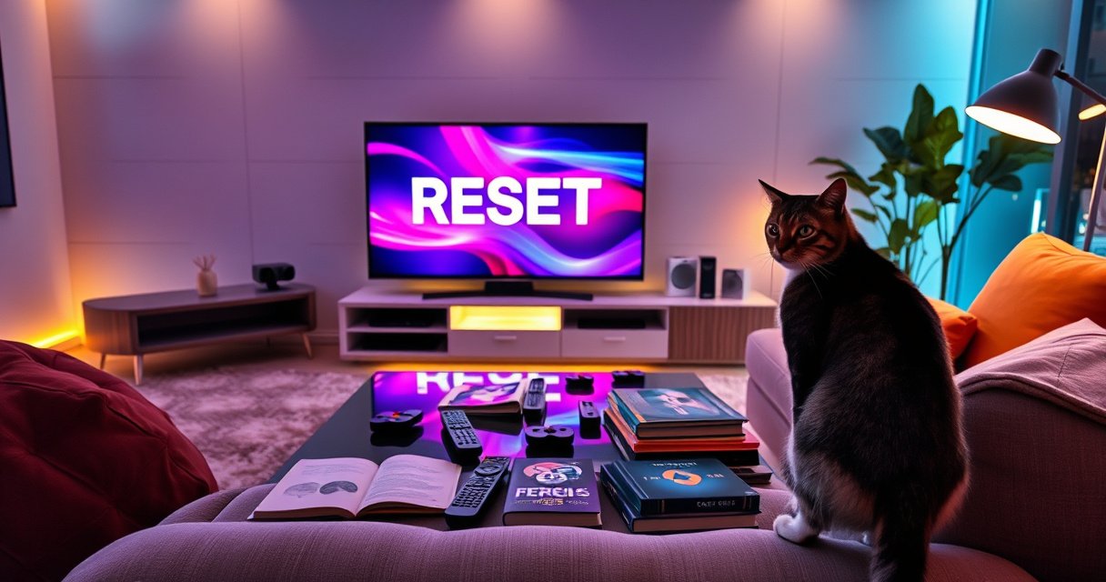 A futuristic living room with a sleek smart TV displaying a vibrant reset screen, surrounded by a cozy couch and a coffee table cluttered with remote controls and guidebooks. Soft ambient lighting casts a warm glow, while a curious cat watches intently, embodying the blend of technology and home comfort in a modern setting.