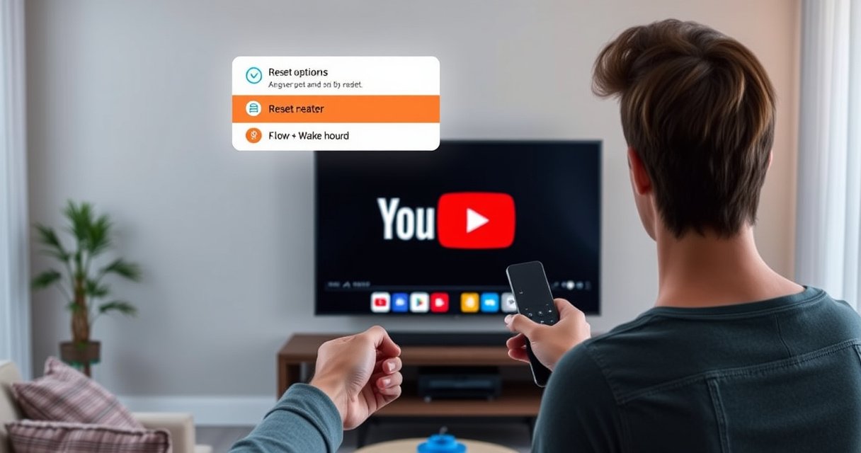 A modern living room featuring a sleek smart TV displaying the YouTube logo, surrounded by a cozy couch and soft lighting. A person is holding a remote with a puzzled expression, while a digital interface with reset options hovers above the TV, accompanied by colorful icons and playful graphics, creating an inviting and instructional atmosphere.