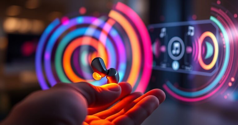 A close-up of sleek wireless earbuds glowing softly, surrounded by swirling colorful sound waves in a modern, tech-inspired setting. A user’s hand hovers nearby, poised to initiate pairing, while a faint digital interface with connection symbols floats in the background, capturing the essence of seamless technology integration and user-friendly design.
