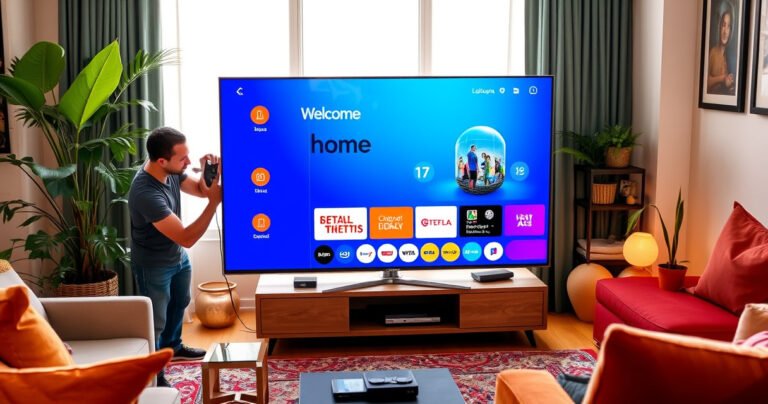 A sleek, modern Samsung Smart TV sits in a stylish living room with vibrant decor. A person is connecting cables and setting up the TV, surrounded by cozy furniture, glowing tech devices, and lively house plants. Bright sunlight streams through a window, highlighting the TV's crisp screen displaying colorful apps and a welcoming home interface.