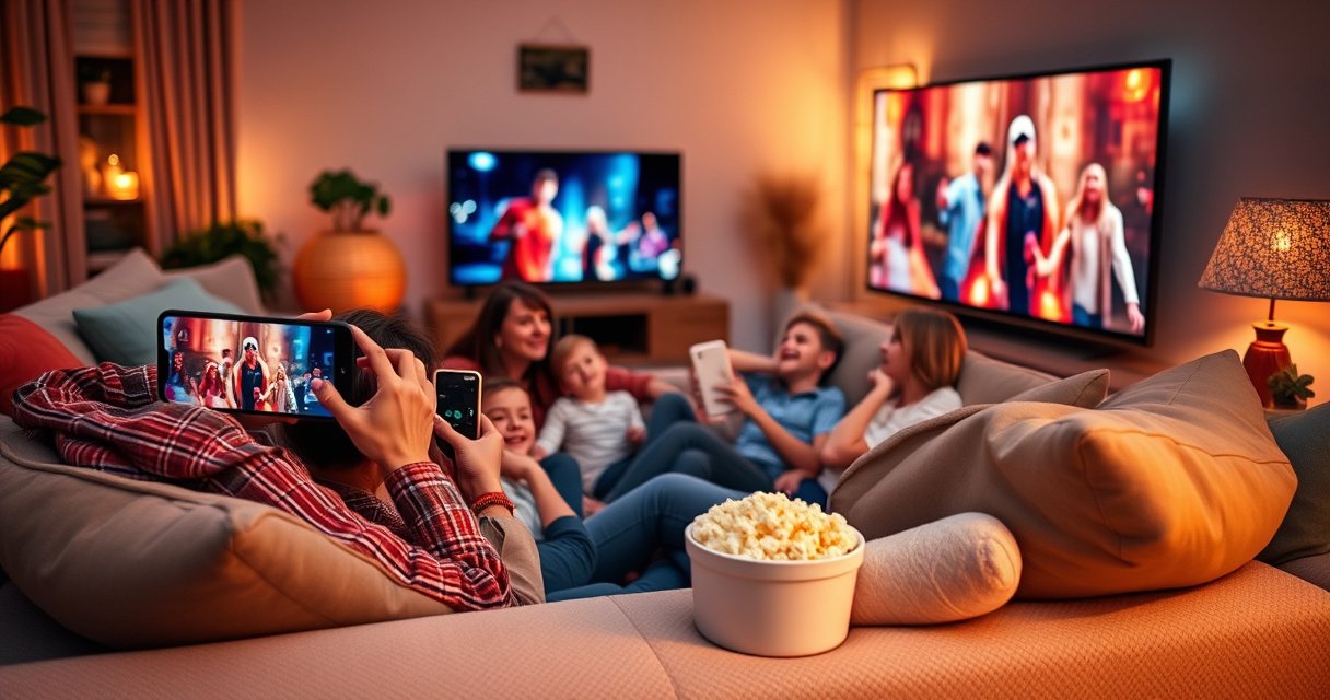 A cozy living room scene with a family gathered on a plush sofa, joyfully watching a vibrant movie streaming from a smartphone displayed on a large smart TV. The room is filled with warm, ambient lighting, colorful cushions, and a bowl of popcorn, creating a welcoming atmosphere for digital entertainment and family bonding.