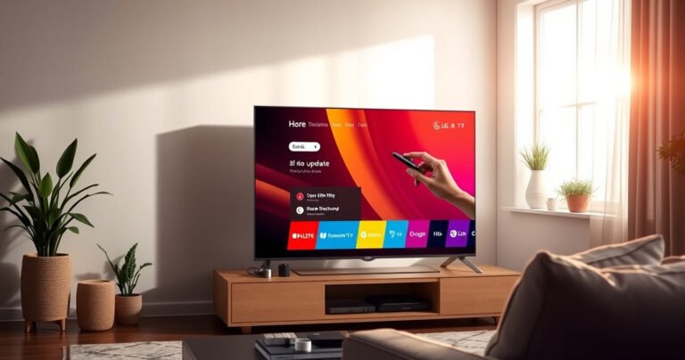 A sleek LG Smart TV displayed prominently in a cozy living room, vibrant colorful interface showing software update options, a hand reaching towards the remote, soft natural light streaming through a window, modern decor with potted plants and a comfortable sofa, a subtle sense of technology and connectivity, inviting viewers to enhance their viewing experience.