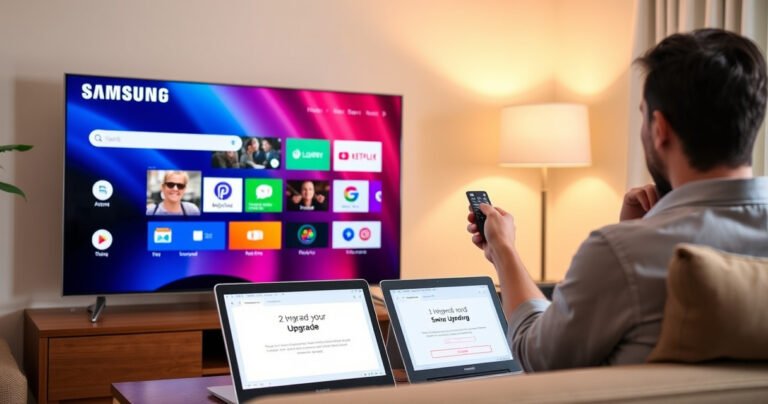 A sleek Samsung Smart TV with a vibrant home screen displaying colorful app icons, surrounded by a cozy living room setup. A person sits on the couch, excitedly holding a remote, with a laptop open beside them, showing instructional upgrade steps. Soft, warm lighting enhances the inviting atmosphere, creating a sense of modern comfort and technology.